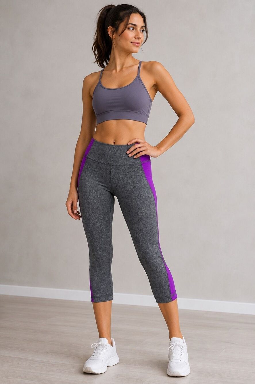 Workout Gray Purple Cropped Leggings Capri Yoga Athletic Pants Size US 6 EU 38